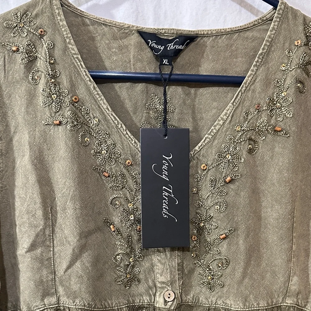 Young Threads Olive Embroidered Women's Top - Picture 4 of 8